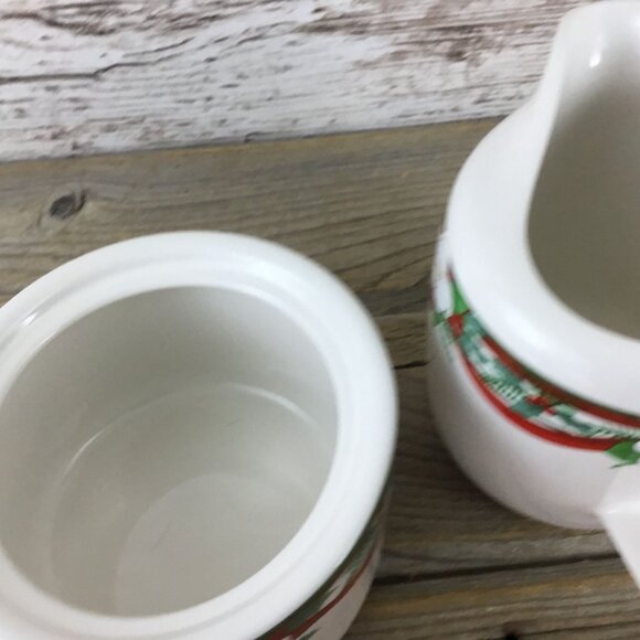 Pfaltzgraff Yuletide Stoneware Creamer & Sugar Bowl Set Holly & Ribbon Design - Picture 5 of 7